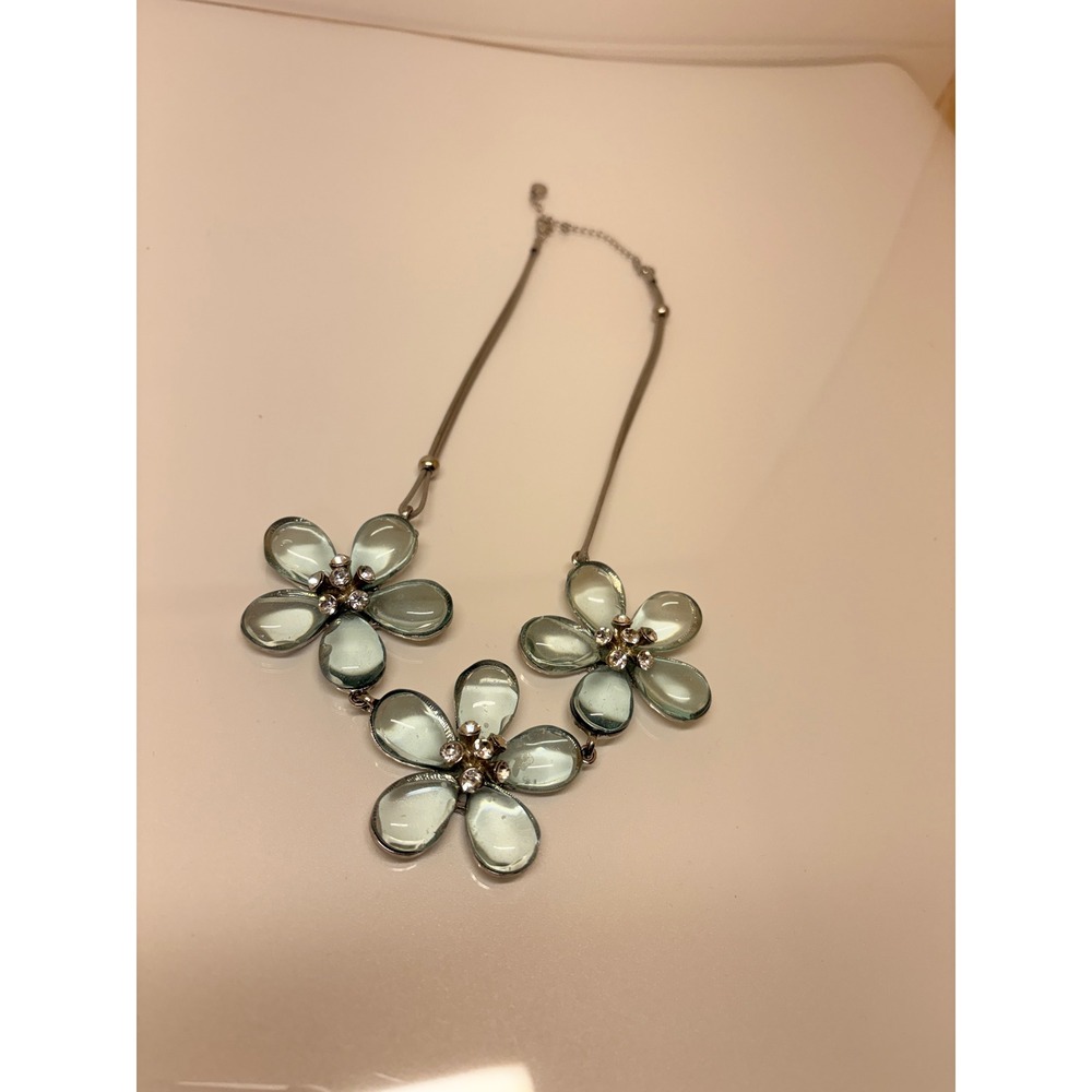 1946 Silver Tone Seafoam Green Floral Statement Necklace Rhinestone Accents